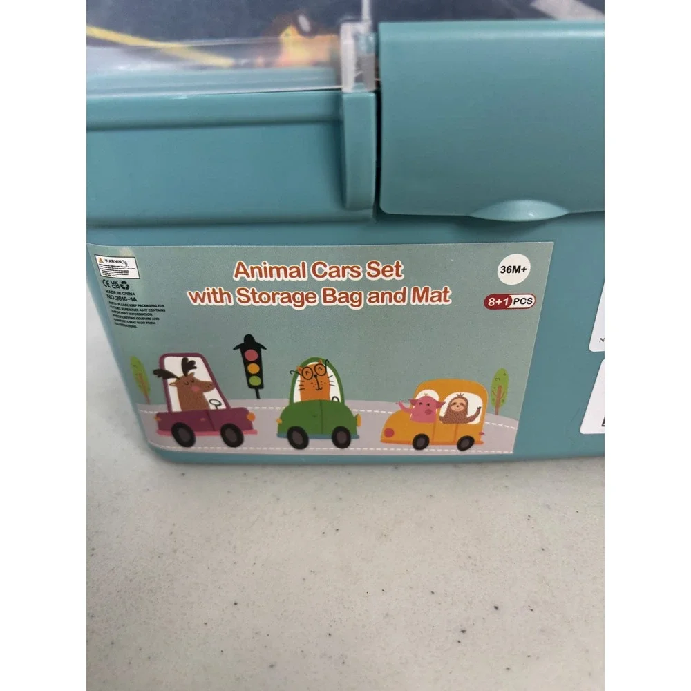 KiddieWorld Animal Cars‎ Set with Storage Bin and Play Mat 8+ Pieces Toddler Toy